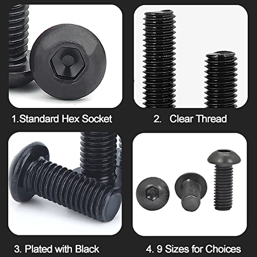219 Pcs Threaded Button Head Hex Socket Bolts and Nuts, Black Black Round Head