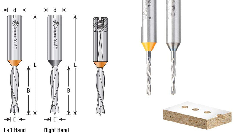 Amana Tool - 217005 Brad Pt. Solid Carbide Dowel Drill Boring Bit R/H 5mm Dia x 70mm Lon