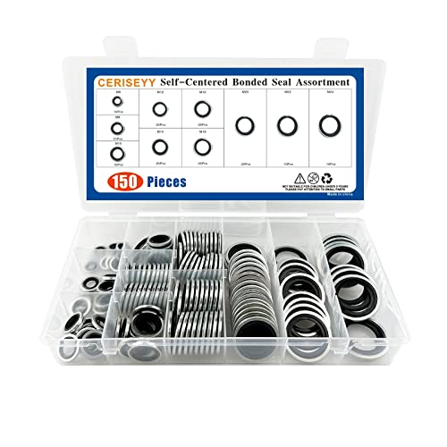 150 Pieces Automotive Self-Centered Bonded Seal Gasket Assortment Kit Bonded Seal Oil Washer Assortment Kit (150PCS) 150PCS