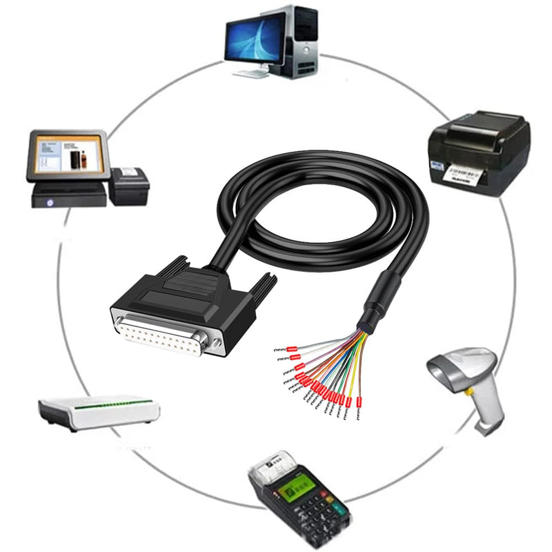 Willwewon 10Ft 3m 26AWG DB25 Female RS232 25 Pin Serial Extension Cable RS232 D-SUB DB25 Serial to 25 Bare Wire Breakout Board Connector