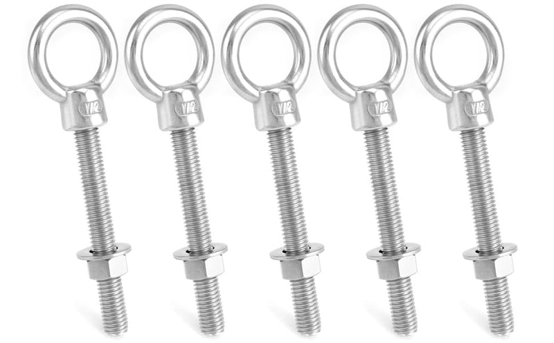 QWORK 316 Stainless Steel Machinery Eye Bolt with Shoulder, 5 Pack 1/2"x4" Long Stainless Steel Marine Grade Shoulder Eye Bolt, Threaded Eyebolts