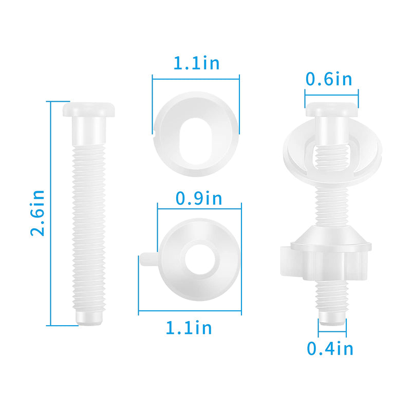 Canomo Toilet Seat Replacement Part Includes Plastic Toilet Seat Hinge Bolt Screws with Plastic Nuts and Washers for Fixing the Top Toilet Seat, White (8 Pieces), 2.56 Inches 8