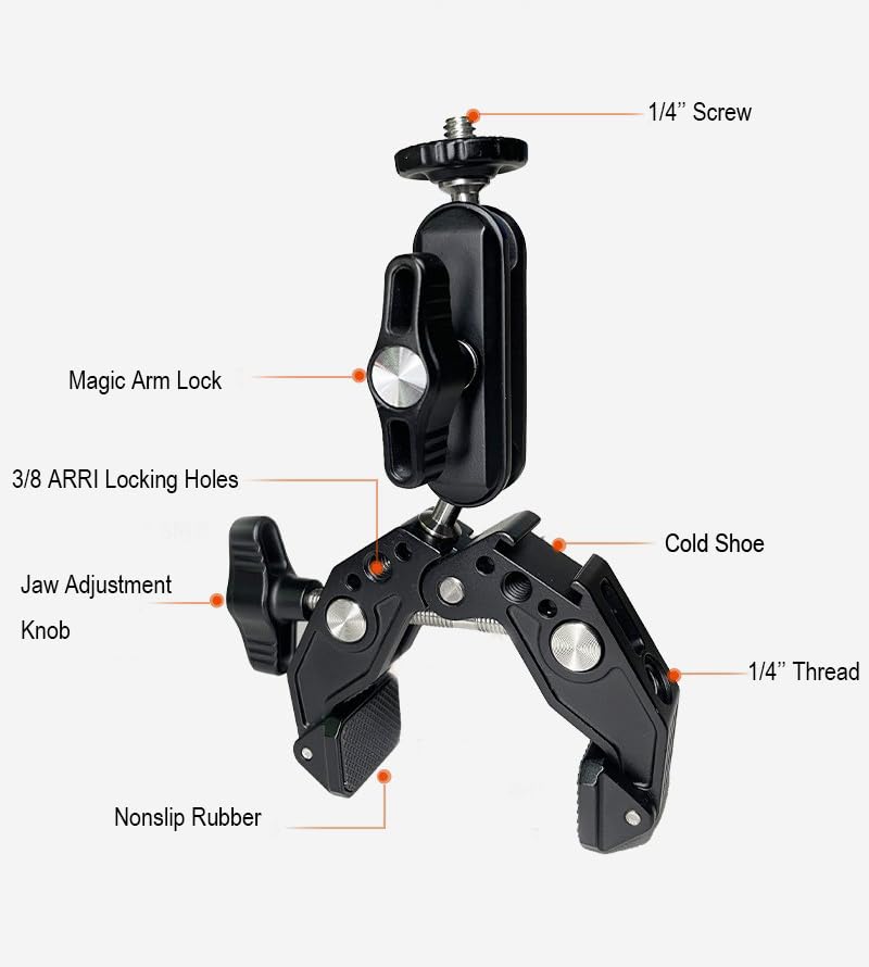 Super Clamp with 3” 360°Dual Ballhead Magic Arm, Cold Shoe, 1/4” Threads Mount Adapter for Phone, Action Camera, Desk Tripod, Tube, Gimbal, Compatible with SmallRig, GoPro, DJI Model ST83,13–65mm