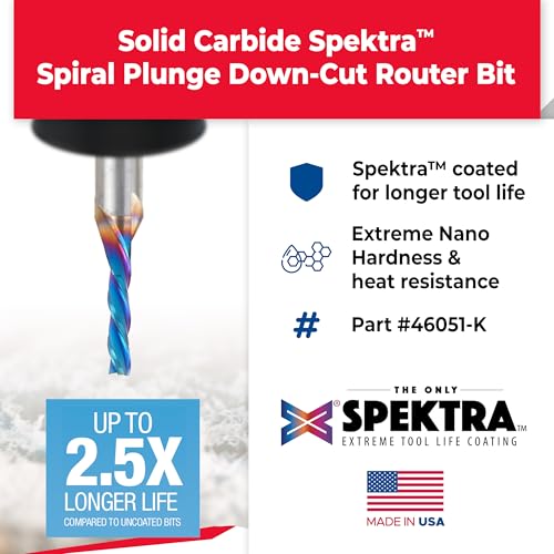 Amana Tool 46051-K SC Spektra Extreme Tool Life Coated Spiral Plunge 1/8 Dia x 1/2 CH x 1/4 SHK 2 Inch Long Down-Cut Router Bit