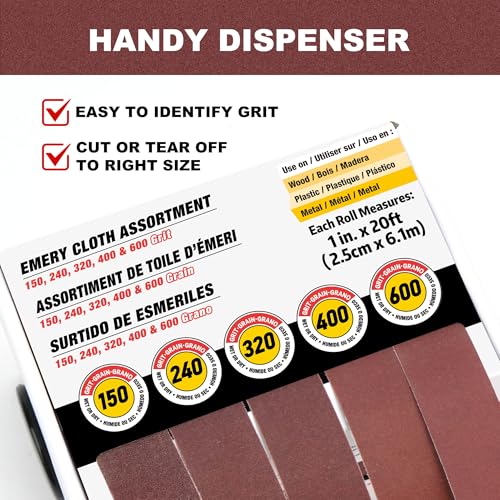 LotFancy Emery Cloth Roll, 5 Grits Sandpaper Assortment with Dispenser