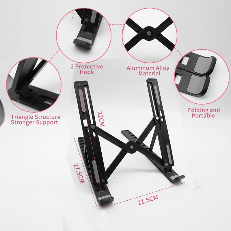 Portable Laptop Stand, New Version Adjustable Laptop Holder Riser Computer Stand for Desk Notebook Stand Mount with Phone Stand, Black Black-New Version