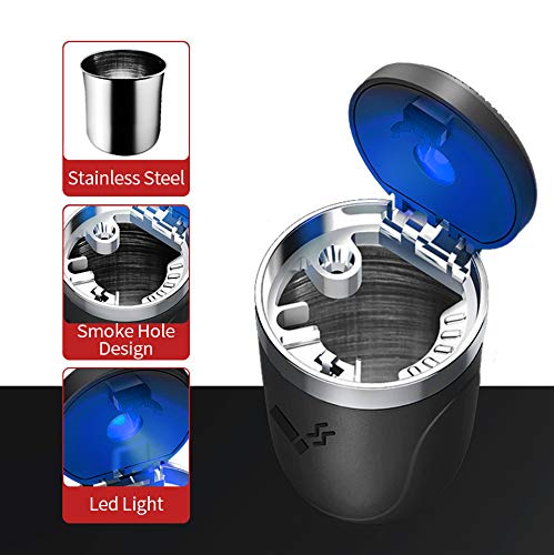 ZAIZAI,Car Ashtray with Lid Smell Proof, Car Cigarette Ashtray with Lid and Light ,Stainless Metal Material, Easy To Clean, 1pcs Black Ashtray + 1pcs Cleaning Brush