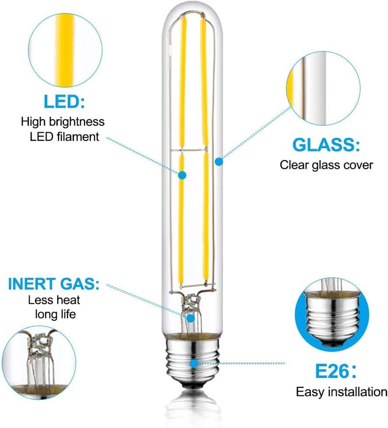 7.3 Inch E26 Led Bulb 6W, Equal 80 Watt 3000K Warm White Edison Bulbs Dimmable, T10 T9 Long Tubular Clear Glass Light Bulb 800LM for Pipe Pendant Chandeliers Wall Sconces - ETL Cert 4Pack 7.3 Inch 6W (4 Count)