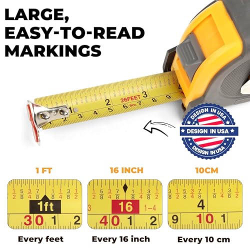 MulWark 30FT Metric Tape Measure, Easy Read Measuring Tape Retractable with Fractions 1/8, Both-Side Metal Blade, Magnetic Hook & Shockproof Case for Construction, Carpenter, Architect, Woodworking 30 ft Yellow-Grey