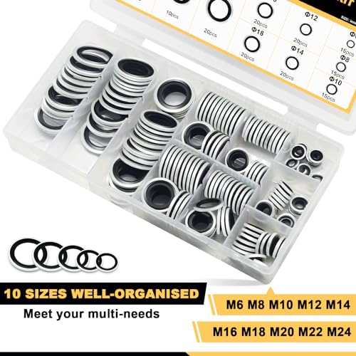 Siptenk 165PCS Sealing Washer 10Sizes M6 M8 M10 M12 M14 M16 M18 M20 M22 M24 165PCS-Black