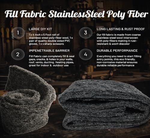 Fill Fabric Rust Proof Stainless Steel Wool Poly Fiber, Large DIY Kit, 1 4in. x 5ft. Roll, Quality Gloves, and Quality Scissors Fill Gaps/Holes