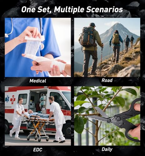 6-in-1 Trauma Shears Foldable Kit, Heavy Duty Emergency Tools with Glass Breaker Seatbelt Cutter and Holster, Multipurpose Scissors for Car Safety, EDC, Medical, First Aid - Electroplated Black