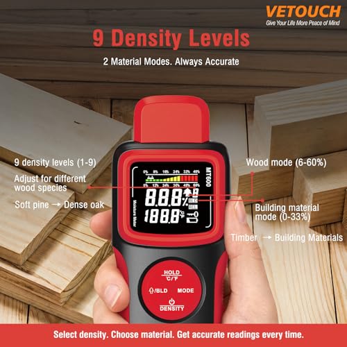 2 in 1 Pin & Pinless Wood Moisture Meter, Digital Moisture Detector with LCD Display & Alarm, Temperature Humidity Tester for Wood, Building Materials, Firewood, Walls, Floors, Home Renovation