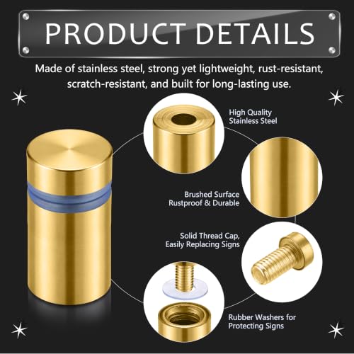 Pelopy 24 Pcs Sign Standoff Screws Advertising Screws Stainless Steel Wall Standoff Mounts Glass Acrylic Nail (1/2 x 3/4 Inch,Gold) 1/2 x 3/4 Inch Gold