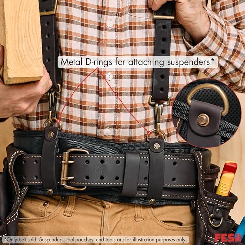 FESA Padded Leather Tool Belt with Back Support Have D-rings for Suspenders Brown