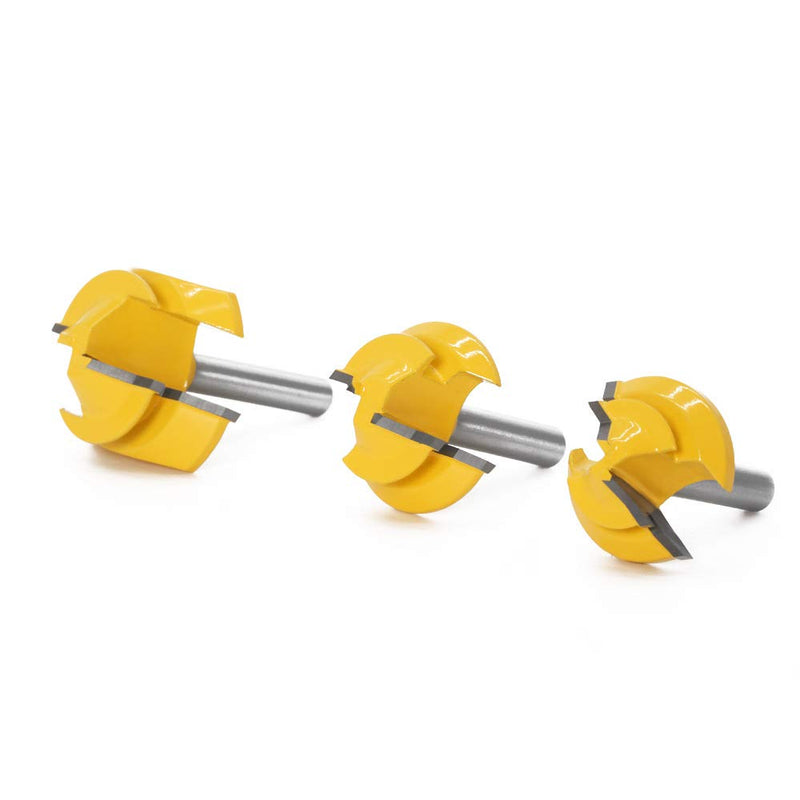 45 Degree Lock Miter Router Bits 1/4" Shank 3Pcs, C3 Carbide Set | 3 piece lock miter set, 1/4 inch shank, C3 tungsten carbide, 3/4 to 1-1/8 inch stock, cabinet joints, seamless corners 1/4inch Shank 3-Bit Set