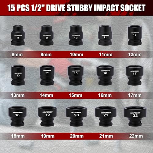 MIXPOWER 15-Piece 3/8" Drive Stubby Impact Socket,CR-MO,8-22mm,6-Point,Metric,Radius Corner Design, Axle Nut Impact Grade Socket for Easy Removal 3/8" Drive / Metric Set