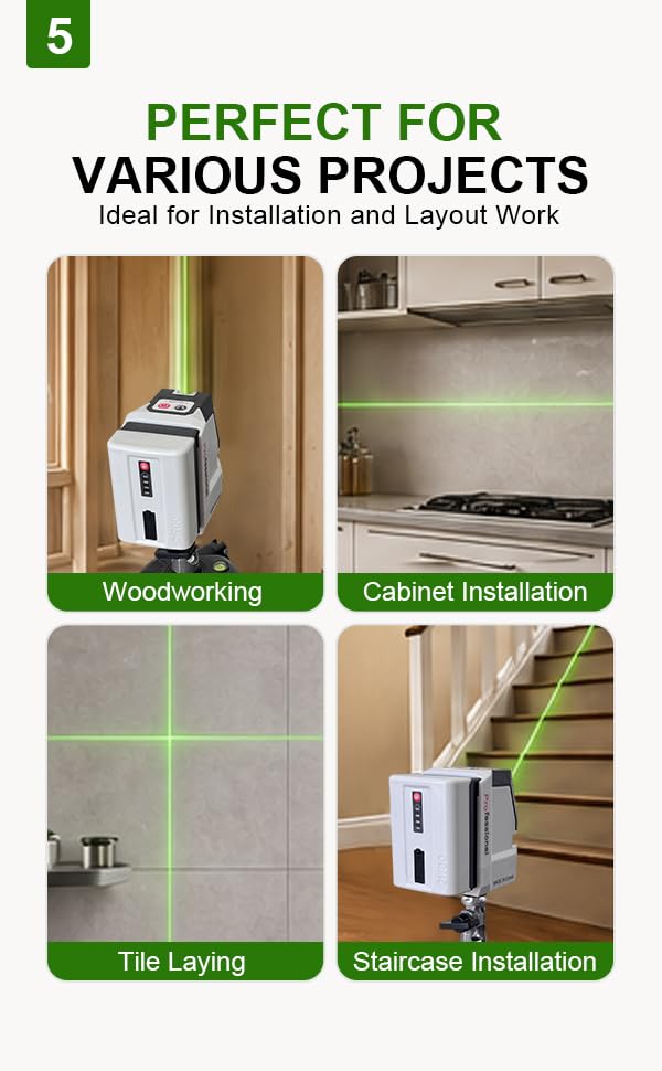 Dual-Module Green Cross Line Laser Level, Self Leveling Tool with 180° Horizontal Line, 6000mAh Type-C Battery, Magnetic Bracket & Carrying Case, for Tile, Cabinet, Wall Layout Selectable Lines(Rechargeable)