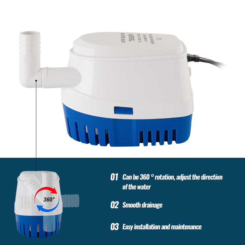 Automatic 12V 750GPH Marine Bilge Pump with Built-in Float Switch – Auto On/Off Submersible Boat Water Pump, 3/4" (19mm) Outlet for Efficient Bilge Water Removal on Boats & Yachts 12V750GPH