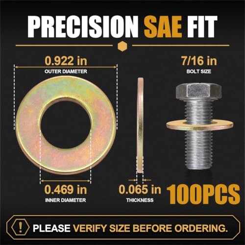Flutesan 100 Pcs 7/16'' Flat Washer for Screw Bolt,Grade 8 SAE Bulk 7/16inch