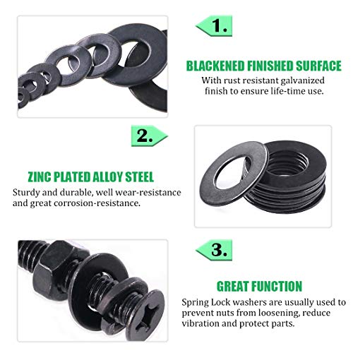 Keadic 760Pcs Flat Washers Assortment Kit Black Zinc Plated Alloy Steel, 9 Sizes - M2 M2.5 M3 M4 M5 M6 M8 M10 M12 Zinc Plated Flat Washer - 760Pcs