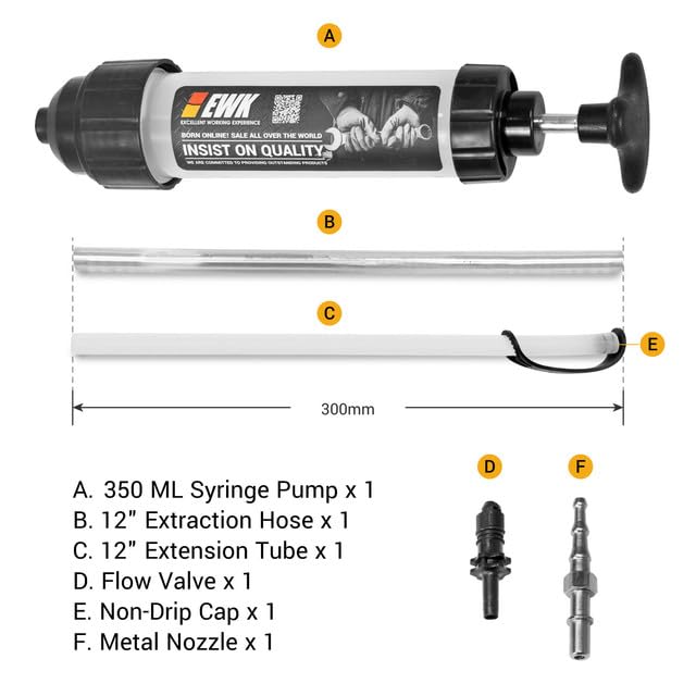 EWK 350ml Manual Fluid Extractor, Vacuum Oil Syringe Change Pump for Automotive Fluids Evacuation 350 ML