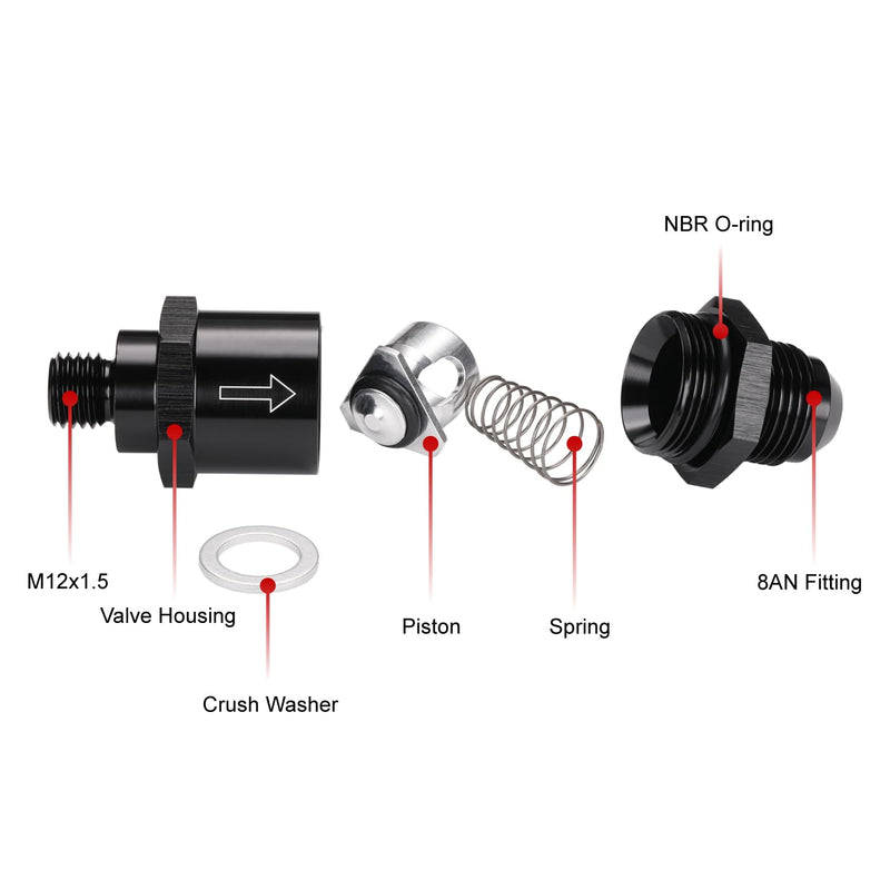 M12x1.5 Metric to 8AN Male Non Return One Way EFI Inline Check Valve Fitting Aluminum Black 8AN - M12x1.5
