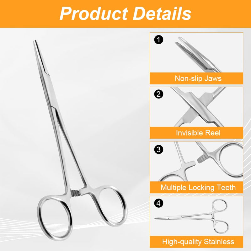 Ainiv 2 Piece Hemostat Curved and Straight Stainless Steel Self-Locking Fishing Forceps Piercing Remover Tool Piercing Grabber Tool for Nurses Pet Grooming Care Fishing DIY Crafting(5") 5" 2pcs Silver(straight+curved)