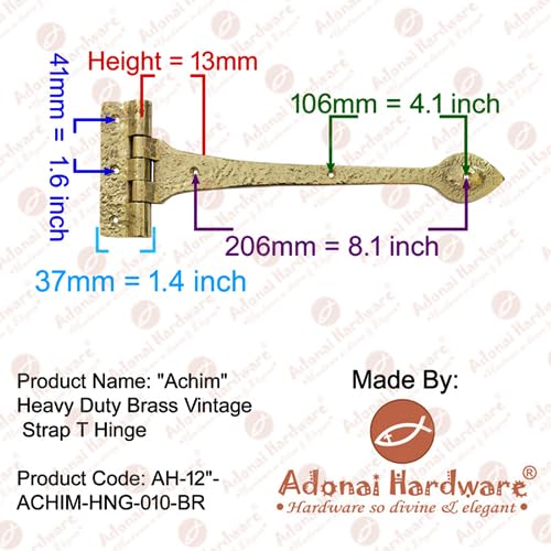 Adonai Hardware Achim Heavy Duty Brass Vintage Strap T Hinge (12" x 2 Pack, Polish Lacquered) for Wooden Barn Front Entry Doors, Gates, Garages, Shutters, Furniture, Fences, Farmhouse 12" x 2 Pack - T Hinge (Brass)