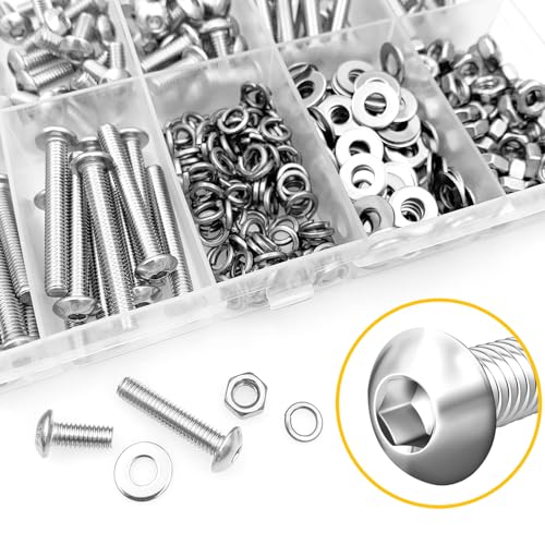 Mywish 380 Pcs M4 Screw Nuts and Bolts Assortment Kit, 304 Stainless Steel Button Head Socket Cap Metric Screws Bolts, Spring & Flat Lock Washers/Nuts/Hex Wrenches, M4*8/10/12/16/20/25/30 SIiver 380Pcs M4