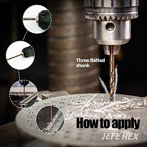 JEFE HEX 1/2" Dia. 5" OAL HSS Twist Drill Bit, General Purpose, 3-Flat Shank, Black and Gold Finish, 135 Degree Split Point, Ideal for Steel/Wood/Copper/Aluminum/Zinc Alloy/Plastic. (6-Piece) 1/2" (6-Piece)