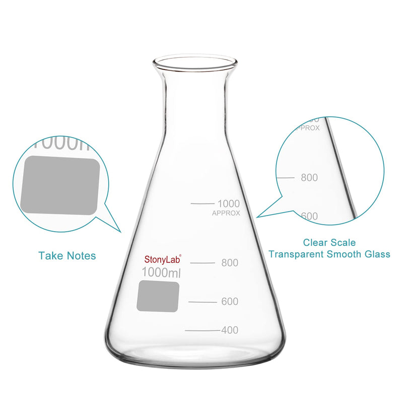 stonylab Glass Wide Mouth Erlenmeyer Flask, 1000 ml Borosilicate Glass Erlenmeyer Flask with Heavy Duty Rim, 1 Pack