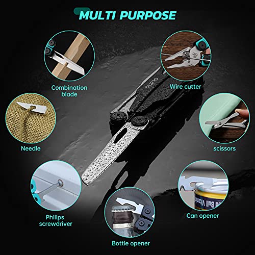 SIUPRO Multitool Pocket Knife for Men Women, Tactical Multi-Tool Pliers, Scissors with Clip, Nylon Sheath, All Safety Locking, Multipurpose Camping Survival Gear, Gifts Ideas Teal Black