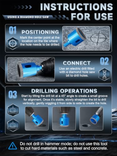 15‑Piece Diamond Hole Saw Kit, 1/4"‑2" Diamond Core Drill Bits Set, Includes 3/16" Multi‑Tooth Carbide Drill Bits & Manual Screwdriver for Tile, Ceramic, Marble, Glass