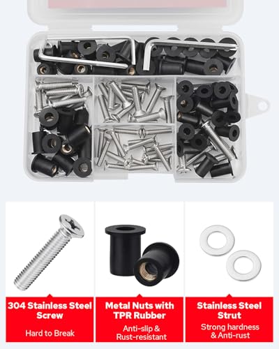 Benlari 52 Pairs Well Nut Bolts Kit, 304 Stainless Steel Countersunk Screws M4 M5 M6 TPR Rubber Expansion Nuts Brass Copper Bolts Fit for Kayak Motorcycle Marine Boat Windscreen 160 PCS