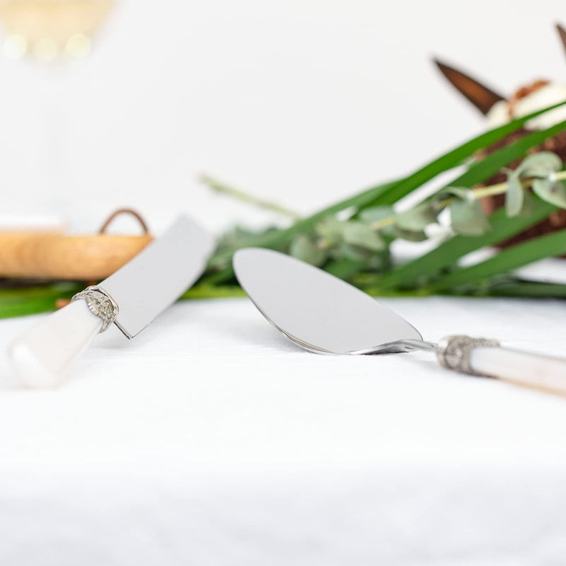 Wedding Cake Knife and Serve Set, Fancy Hand Craft Italian Style Design, Pearl Pie Knife Server Set, Vintage Silverware,Cake Cutter Set, Cake Knife Gift Set, 2 pcs (White) White