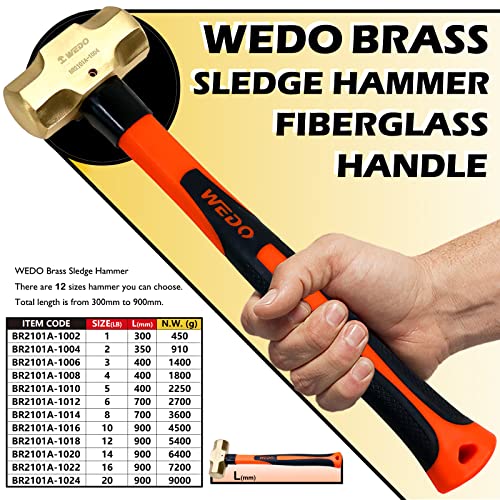 WEDO Brass Sledge Hammer With Fiberglass Handle, Die-Forged, Corrosion Resistant, DIN Standard, 1lb, 300mm, 12"