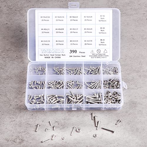 Machine Screw Assortment Kit #2-56/ #4-40/ #6-32 UNC Button Head Cap Screws Bolts Nuts 304 Stainless Steel Nuts and Bolts Assortment Kit, Full Thread, Allen Hex Drive, 390 Piece