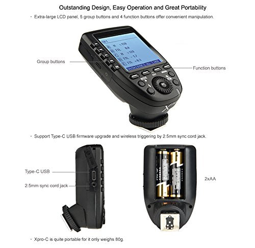 Godox XPro-C E-TTL Wireless Flash Trigger Transmitter for Canon EOS HSS 1/8000s TTL-Convert-Manual Function Large LCD Screen Slanted Design 11 Customizable Functions 5 Dedicated Group Buttons