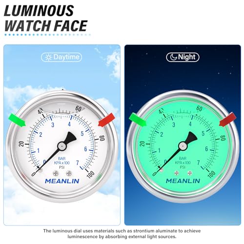 MEANLIN MEASURE 0~100Psi Stainless Steel Liquid Filled Pressure Gauge, 1/4" NPT 2.5" Luminous Dial, Glycerin Filled for WOG Water Oil Air Center Back Mount with 2PCS Snaps 0-100Psi