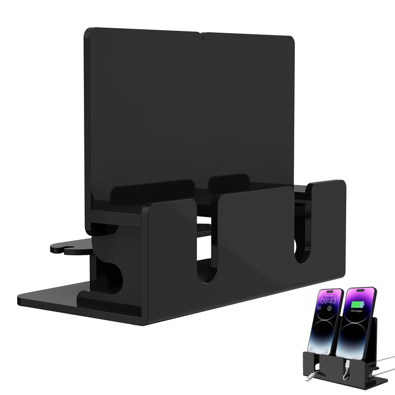 Dual Phone Holder Organizer Stand for 2 Phones, Acrylic Desktop Universal Mobile Phone Docking Station Charger Holder with Cable Management, Black