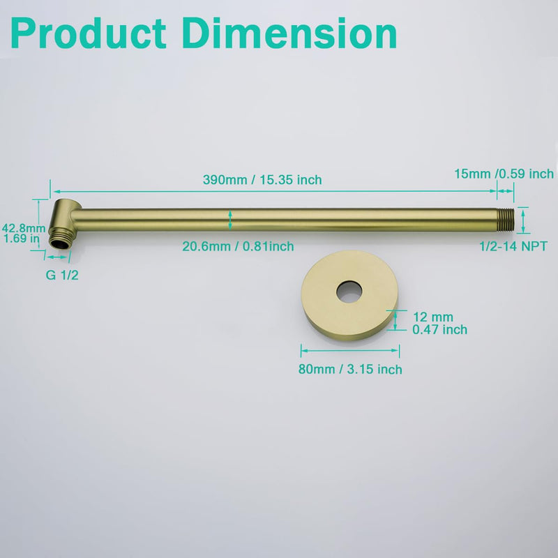 Shower Arm,16 Inch Rain Shower Head Extension Extender, With Flange and Teflon Tape, Made of Thicken Stainless Steel for Bathroom Rainfall Shower,Brushed Gold,SE-91088-16BG Brushed Gold(91088)