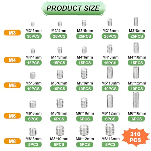 310 Pcs Set Screw Assortment Kit 24 Size 304 Stainless Steel Metric (M3,M4,M5,M6,M8) Grub Screw, Set Screws for Bathroom Fixtures,Set Screw Assortment Kit Silver 310pcs