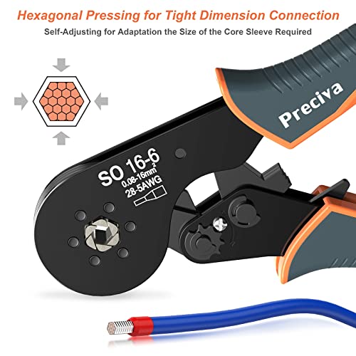 Hexagonal Ferrule Crimper, Preciva Hexagonal Jaw Wire Crimping Pliers AWG 28-5 Self-Adjustable Ratchat Wire Crimping Tools for Wire Terminals Cables End-sleeves CP80001