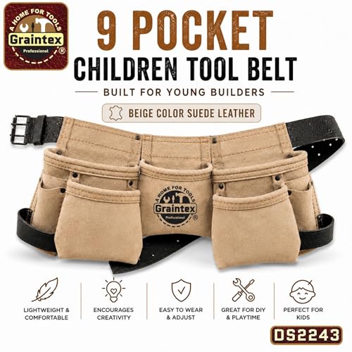 Graintex DS2243 :: 9 Pocket Children Tool Belt Beige Color Suede Leather, Kids Real Tool Belt, Boys and Girls Tool Apron for Home Improvement, 1.1/2" Leather Belt, Hammer Loops 9 Pockets