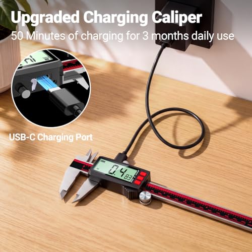Digital Caliper 8 Inch, Rechargeable Calipers with LCD Screen, Inch/MM/Fraction, Stainless Steel Vernier Caliper Measuring Tool for DIY, Household, Jewelers Tools, 3D Printer