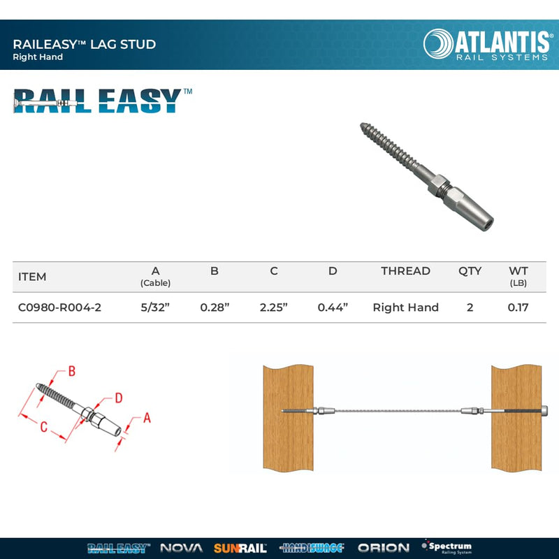 Atlantis RailEasy C0980-R004-2 Lag Stud, Right Hand Thread (5/32") - 316L Marine Grade Stainless Steel (2-Pack)