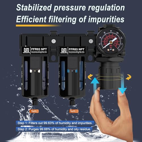 NEWPO 3/8'' NPT Air Drying System, Double Brass Filter Compressed Air Regulator, Air Pressure Regulator Combo 5&5 Micron Filter Cartridge,Semi-Auto Drain 5&5 brass-3/8" NPT