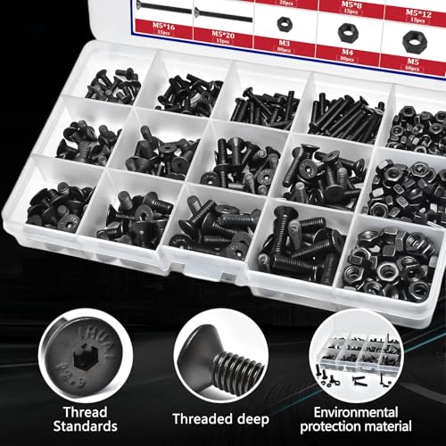 440 Pieces Flat Hex Socket Head Cap Screws Kit Metric Thread Hexagon Allen Head Drive Countersunk Machine Bolts Nuts Standard Fastener Hardware Assortment Kit Set Alloy Steel 10.9 Class Black M3 M4 M5