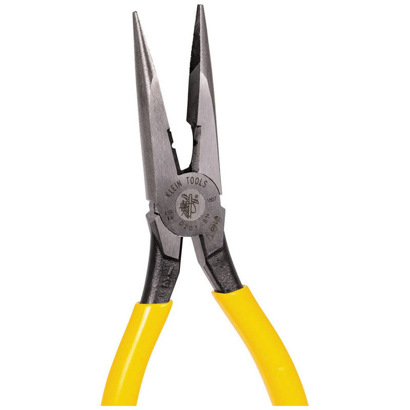 Klein Tools D203-8N Needle Nose Pliers and Wire Stripper, Long Nose Side Cutters with Wire Striping Hole, Heavy Duty Alligator Pliers, 8-Inch Side Cutting/Wire Stripping